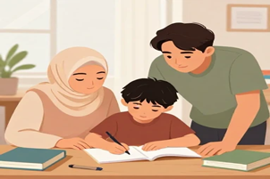 مادر و پدر در حال کمک به کودک - مقاله اختلال یادگیری در کودکان